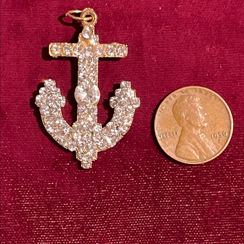 Large Beautiful Crystal Anchor Pendant Necklace - Gold Tone and Crystals